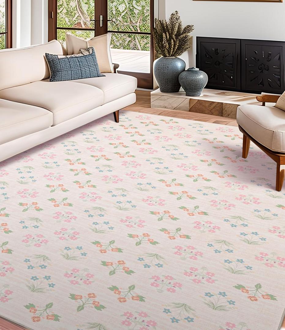 YIHOUSE Pink Floral Washable Area Rug 6'x9'- Large Colorful Living Room Rug Ultra-Thin Non-Slip Area Rug for Bedroom, Nursery Room, Kids Room (Pink, 6x9ft)