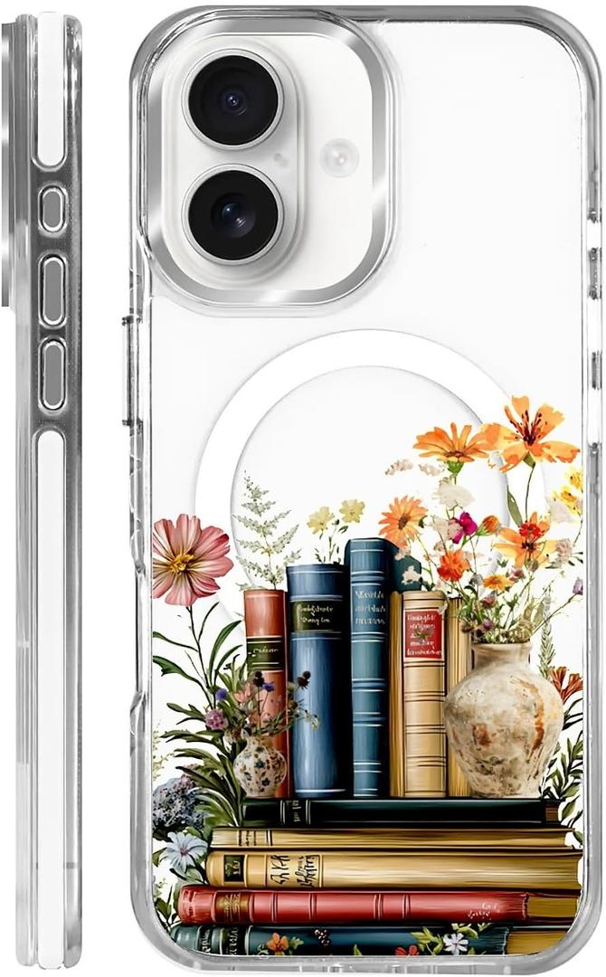 Magnetic Case for iPhone 16 Design On Clear Base, Compatible with MagSafe, Slim Protective Soft TPU Bumper Phone Cover Women Girls Case for iPhone 16 -Clear Book Lover Flower