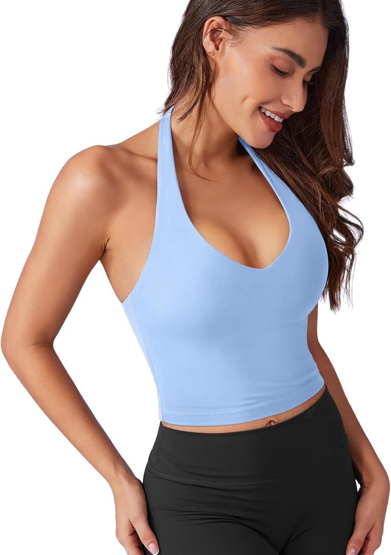 VOYJOY Women Halter Crop Top Padded V Neck Backless Sleeveless Workout Halter Tank Tops Going Out Yoga Gym Clothes (X-Small, Light Blue)