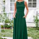 Newshows Women 2025 Summer Maxi Dresses Vacation Ruched Boat Neck Tank Flowy Elegant Party Long Formal Dress Pockets (Green, S)