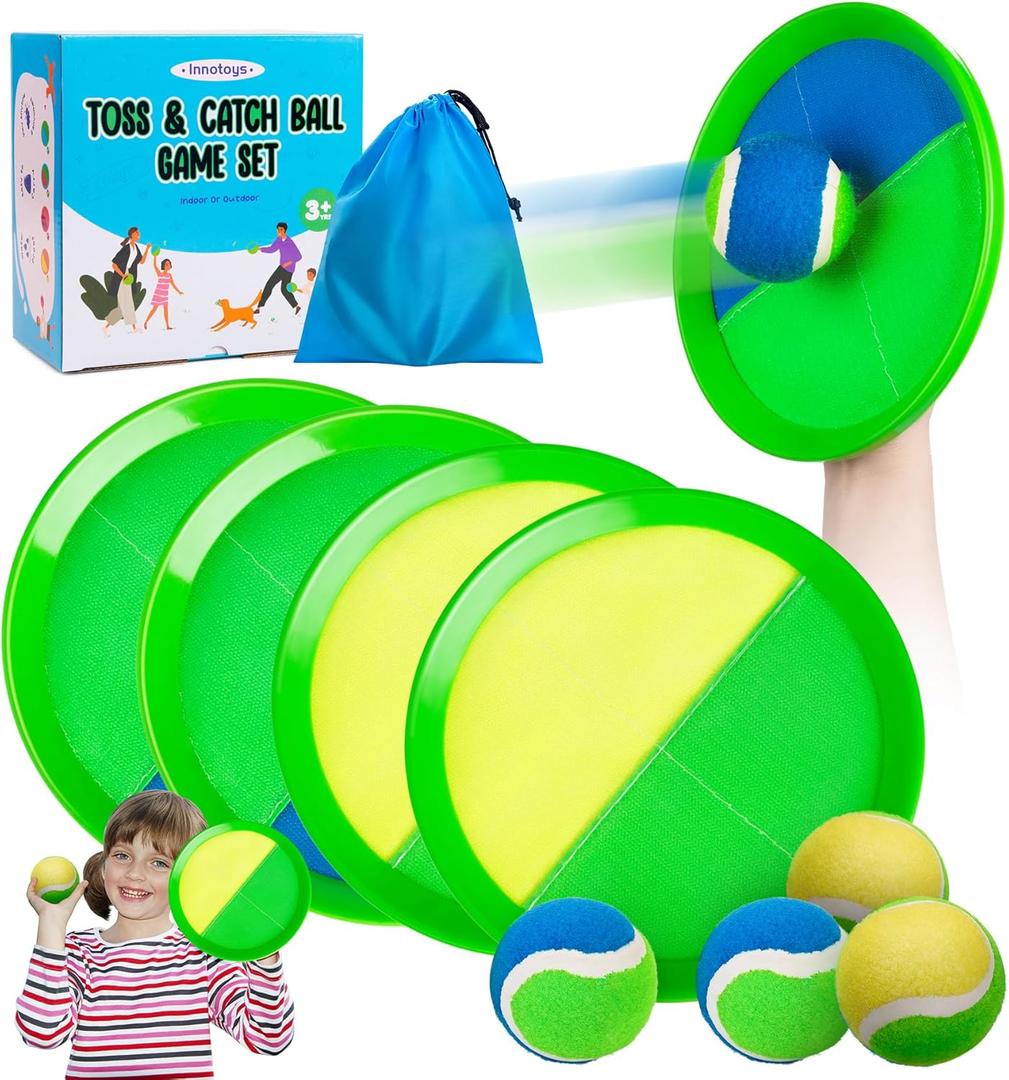 Toss and Catch Ball Game Set, 4 Paddles and 4 Balls Outdoor Paddle Catch Game for Kids, Backyard Beach Pool Yard Toy, Summer Birthday Gift for Boys Girls Ages 4-12
