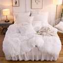 LIFEREVO Luxury Plush Shaggy Duvet Cover Set, Ultra Soft Fluffy Furry Duvet Cover Set(1 Faux Fur Fuzzy Comforter Cover + 2 Pom Poms Velvet Pillow Cases) Solid Bedding Set, Zipper Closure (King, White)