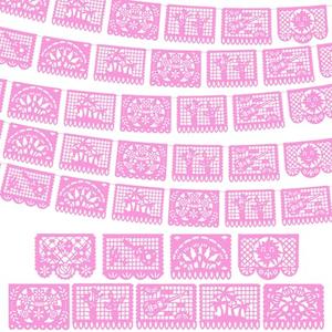 VitalCozy 3 Pack 59 ft Papel Picado Banner Mexican Talavera Party Plastic Fiesta Banner Mexico Wedding Decorations for Day of The Dead Cinco De Mayo Cielito Lindo Party Decorations (Pink)