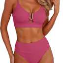ANRABESS Bikini Sets for Women Summer High Waisted 2 Piece Bathing Suit Ribbed U-Wire Cutout Swimsuit Beach Vacation 2026 (Pink, S)