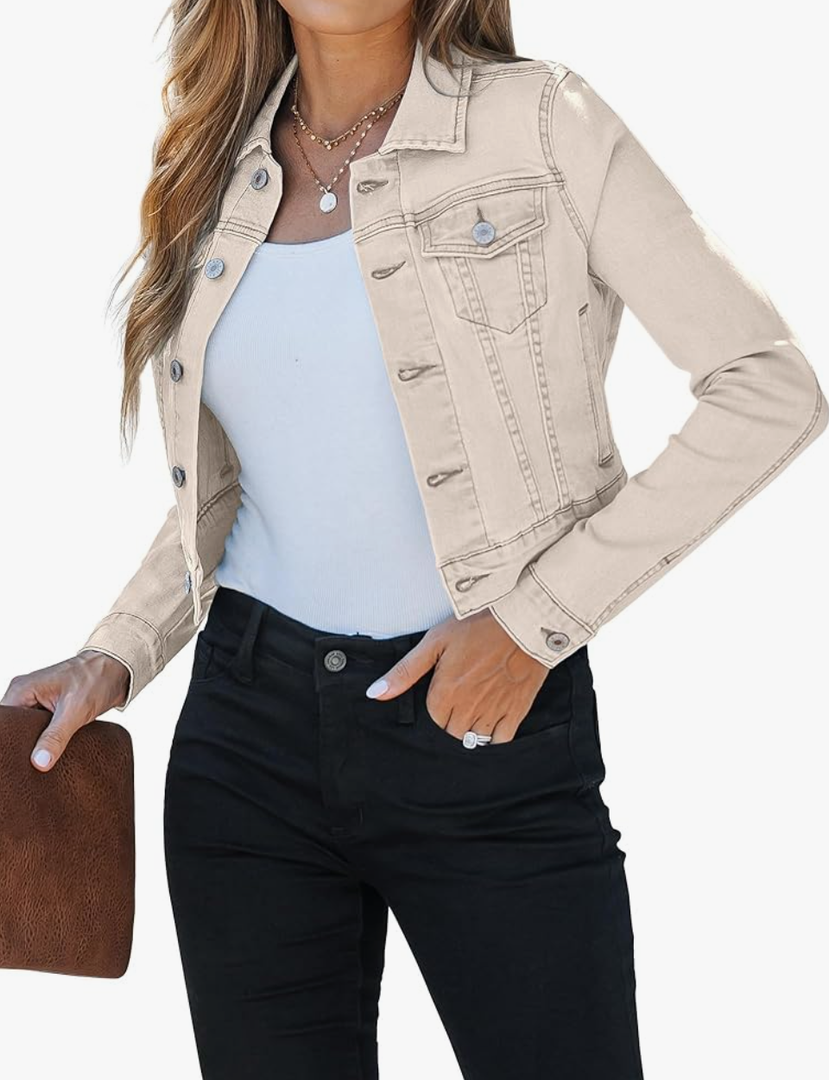 luvamia 2025 Cropped Jean Jackets for Women Fashion Short Denim Shacket Jacket Lightweight Fitted Stretchy with Pockets, Large