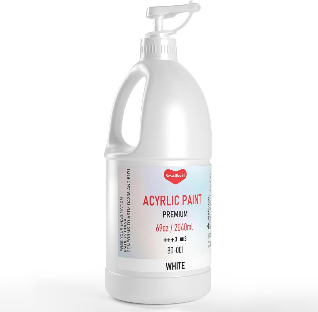 Smallbudi White Acrylic Paint Large Bottle (69oz /2040ml) Rich Pigment White Paint for Multi Surface Canvas Wood Ceramic Leather Fabric Rock Craft, Non Toxic for Kid & Adult, with Pump & Sealing Cap