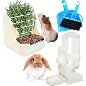 HERCOCCI Rabbit Hay Food Bin Feeder and Bunny Water Bottle Set, Hay Food Feeder Bowls Manger Rack with 500ml Hanging Water Dispenser Prevent Knock Over for Rabbit Guinea Pig Chinchilla (Large, White)