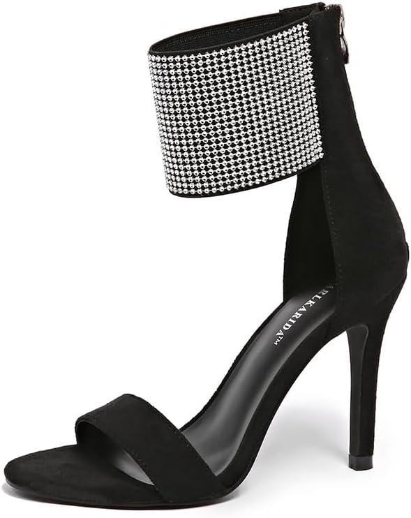 Women's High Heel Sandals Open Toe Ankle Tie Dressy Heeled Sandals for Prom, Party, Evening Events, 3.93 Inch Comfortable Thin Block Heels (Black Cloth)
