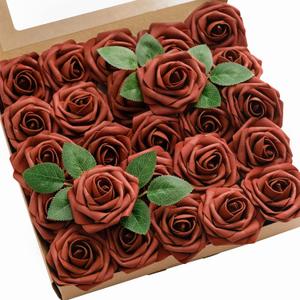 Ling's Moment Artificial Flowers 25Pcs Amber Roses Decor w/Stems,3" Real Touch DIY Foam Floral for Wedding Bouquet/Centerpieces, Outdoors Party Backdrop, Room/Table, and Garden/Pot Decorations (Or- Amber)