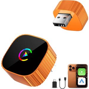 2-in-1 Wireless CarPlay for iPhone & Android Auto, Converts Wired to Wireless CarPlay, 2026 Upgrade, Faster & Stable Connection, Plug & Play, 1080P HD Display,Mini Size, OrangeUSB-A & Type-C Port