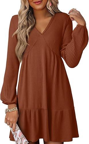 Dokotoo Fall Dresses for Women 2025 Long Sleeve V Neck Lightweight Ribbed Knit Empire Waist Casual A Line Swing Mini Dress Medium