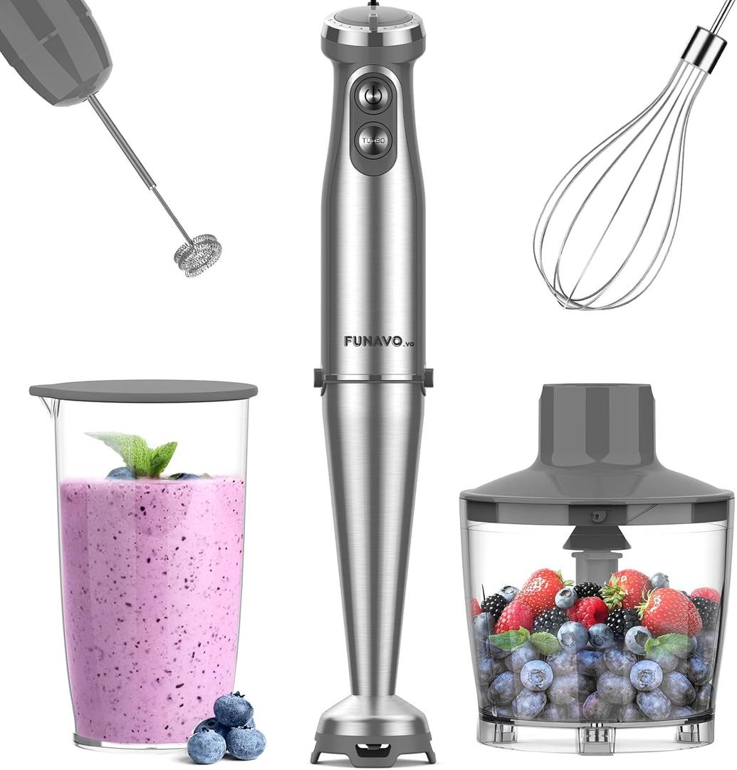 Immersion Blender, 1000W Anti-scratch 5-in-1 Hand Blender, Upgraded 12 Speed Stainless Steel Blade Stick Blender with Turbo Mode, 20oz Beaker, 17oz Chopping Bowl, Whisk, BPA-Free (Silver)