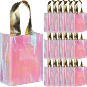 Jutom 20 Pieces Iridescent Gift Bags Bulk Reusable Party Favor Tote Bags with Handles Glossy Finish Birthday Gift for Christmas Party Wedding(6 x 3 x 8 Inch,Pink) (1 Count (Pack of 20))