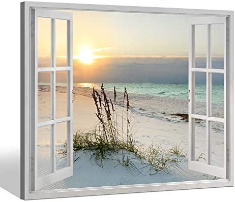 Sea Whisper Beach Window Canvas Wall art: tropical Sunrise Seascape Picture Coastal Ocean Painting Open Window Artwork Print for Bathroom Decor(12x16)