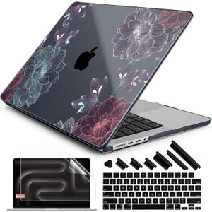 DONGKE Case for MacBook Pro 14 Inch (2026-2021 Release, M5 M4 M3 M2 M1 Pro/Max Chip), Plastic Slim Hard Shell Protective Cover with Keyboard Cover & Screen Protector, Dahlia Flowers