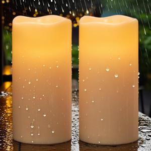 Eldnacele Solar Flameless Flickering Candles Outdoor Waterproof, Solar Powered Dusk to Dawn Plastic LED Pillar Candles Garden Camping Lanterns Wedding Holiday Decor (2Pcs,4" D8" H)