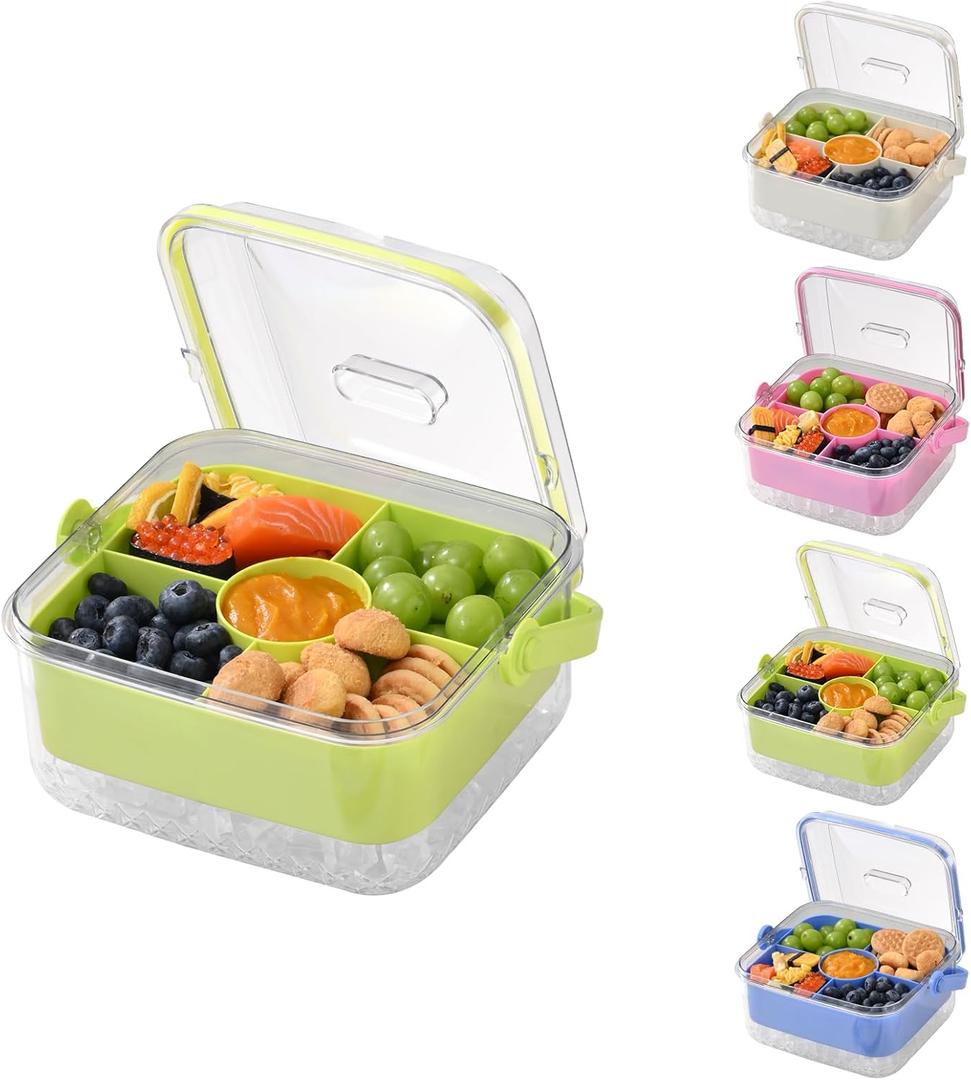 Divided Chilled Serving Tray for Parties, Ice Chilled Party Platter, Ice Serving Bowl with Lid and Handle, Charcuterie Serving Board, Cold Dish Dip for Fruit, Seafood, Vegetable Shrimp Cocktail Appetizer. (Green)