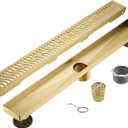 Sharp-tec Linear Shower Drain, 28inch Shower Drain with Removable Pattern Cover, Brushed Gold 304 Stainless Steel Rectangle Floor Drain, Adjustable Feet and Hair Strainer Included