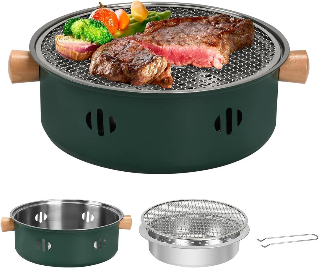 Portable Charcoal Barbecue Grill, 1pc Mini BBQ Grill Multifunctional Charcoal Grill Smokeless Round Tabletop Charcoal Grill for Indoor Outdoor Cooking Home Party Picnic Camping (Green)