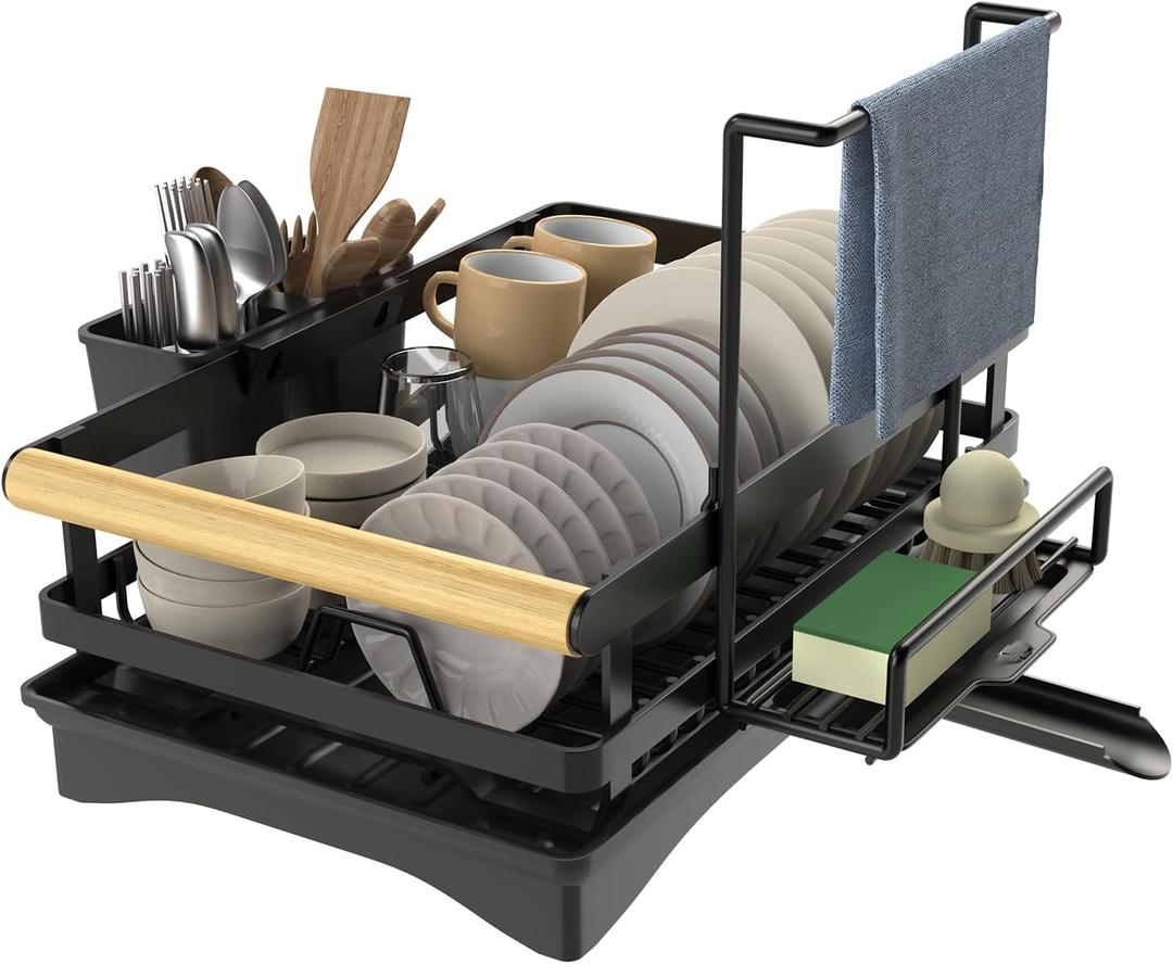 Yawinhe Dish Racks for Kitchen Counter, Space-Saving Drainers with Removable Utensil Holder, Drainboard and Spout, for Knives, Spoons, and Forks, Black