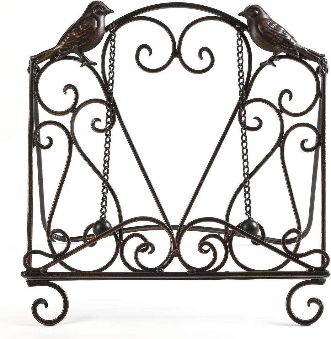 Metal Cookbook Stand Clearance Recipe Book Holder for Kitchen (Birds/Vintage Scrolls, Bronze)