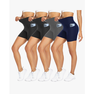 FULLSOFT 4 Pack Biker Shorts for Women with Pockets – 5" High Waisted Tummy Control Workout Yoga Running Gym Tennis Shorts, S-M