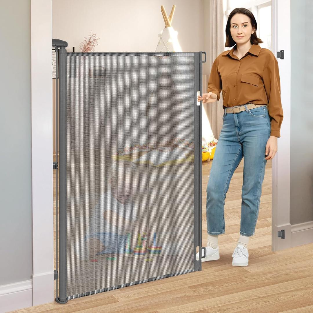 52 Tall X 55 Wide Retractable Baby Gates for Doorways Retractable Dog Gate Indoor Anti-Scratch Doggie Gates for Indoors Extra Tall Pet Gate Outdoor Prevent Kids and Pets from Jumping Over, Gray