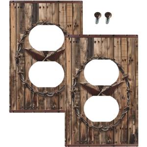Outlet Covers Rustic Star Western Cowboy Wood 1 Gang Duplex Light Switch Cover Plate Decorative Wall Plates Electrical Switchplate Receptacle for Farmhouse Home Decor, 2 Pack