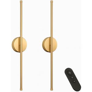 Battery Operated Wall Sconces Set of 2, Wireless Rechargeable with Remote, Cordless Dimmable Wall Lights, Peel & Stick, 360 Rotatable LED for Bedroom, Bathroom, Living Room & Hallway 28.3" (Gold)