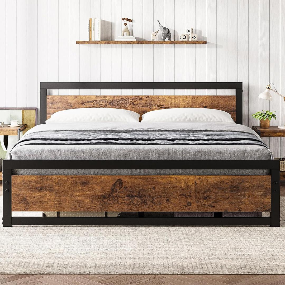 GarveeHome King Size Bed Frame, Industrial King Bed Platform with Headboard No Box Spring Needed, 14 in Easy Assemble King Mattress Bedframe, Retro Brown