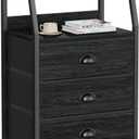 Furnulem Black Night Stand, Small Dresser for Bedroom, Nightstand with 3 Fabric Storage Drawers and 2-Tier Shelf, End Table Side Furniture for Closet, Hallway, Nursery, Sturdy Steel Frame, Wood Top