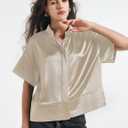 D-Sun Women's Casual Button Down Shirts Oversized Short Sleeve Stand Collar Tops Trendy Work Blouses (Beige, L)