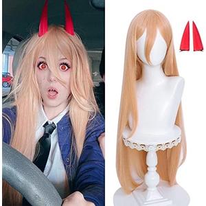 LABEAUTÉ Orange Cosplay -Power Wig + Horns for Girls Women Anime Long Straight Halloween Party Hair Wig with Cap