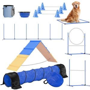 Dog Agility Equipment - Complete Dog Agility Course Backyard Set w/Dog Weave Poles, A-Frame Ladder, Cones, Dog Jump Hoop, Dog Agility Tunnel Sandbags - Robust Dog Playground Kit for Outdoor