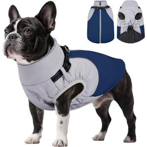 DENTRUN Dog Coat with Harness Built in, Easy On/Off Zipper Closure Winter Dog Vest, Water-Repellent Fleece Lined Warm Jacket with Reflective for Small Dogs, Dark Blue, XS