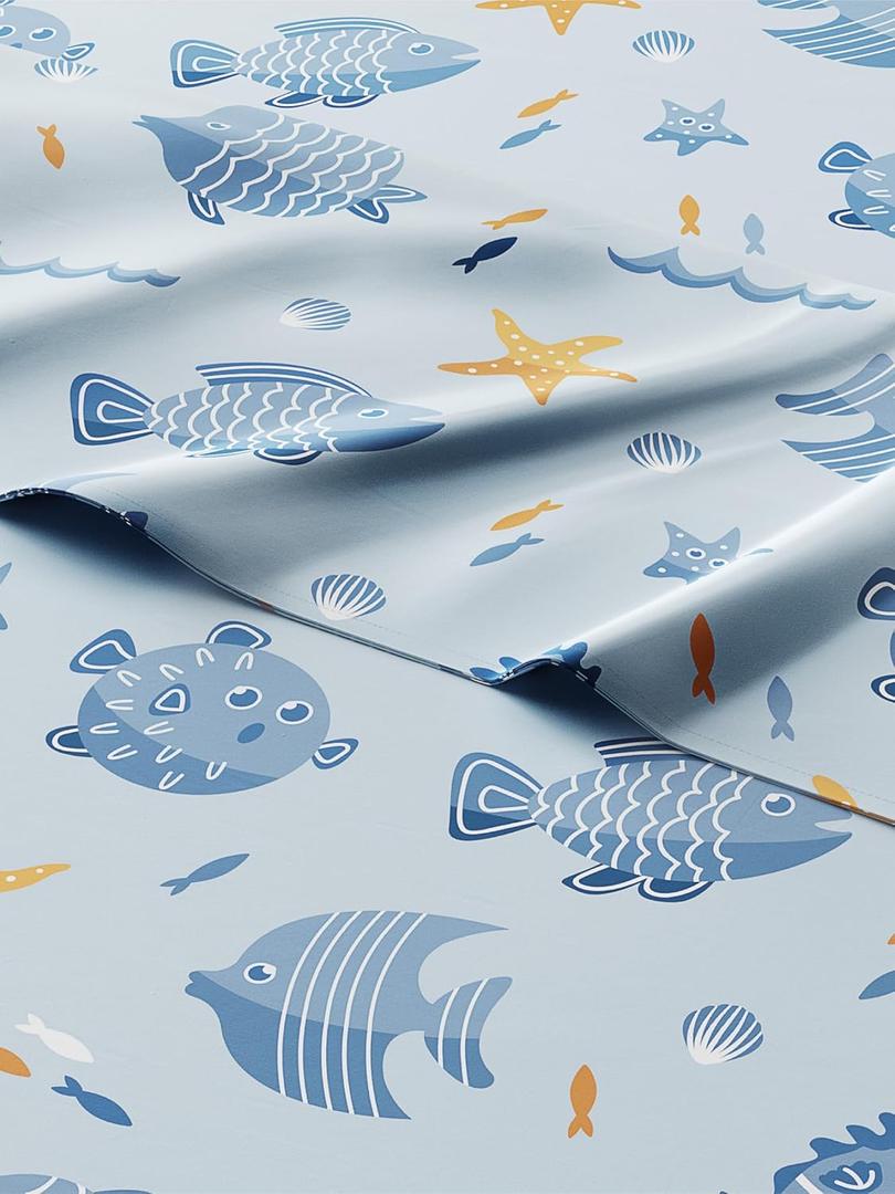 Kids Queen Size Fish Bed Sheets - 4 Piece Fish Sheet Set - Sea Animal Themed Bedding - Ultra-Soft, Cute & Cozy - Breathable & Machine Washable - Ocean Animal Bed Set for Boys, Girls, Teens & Toddlers (35 - Blue Fish)