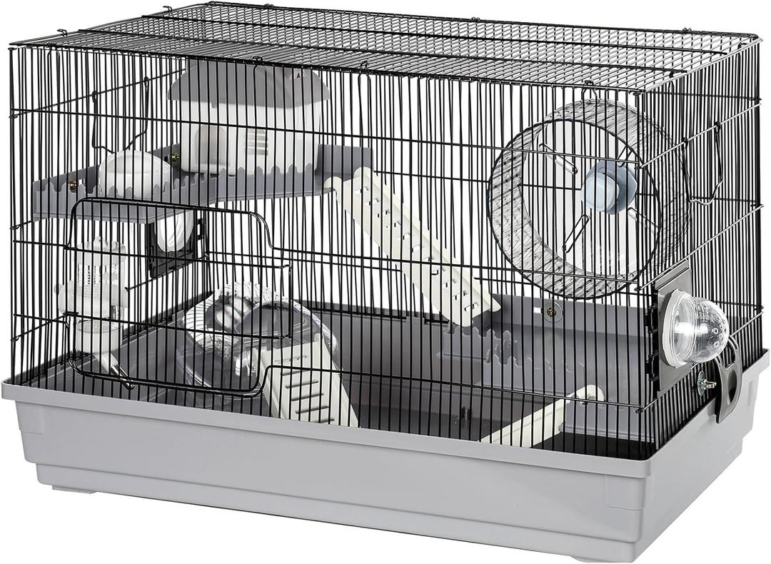 Hamster Cage Kit 22Lx12Wx15H with 2 Spacious Platforms, Exercise Wheel, Hide-House, Water Bottle, Bathtub, Ladders, Food Bowl, Black/Gray