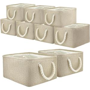 9 Pack Storage Basket Bins & Decorative Baskets Fabric Storage Cubes Containers Bulk W/Handles for Office, Home, Books, Clothes, Bedroom, Closet (Beige)