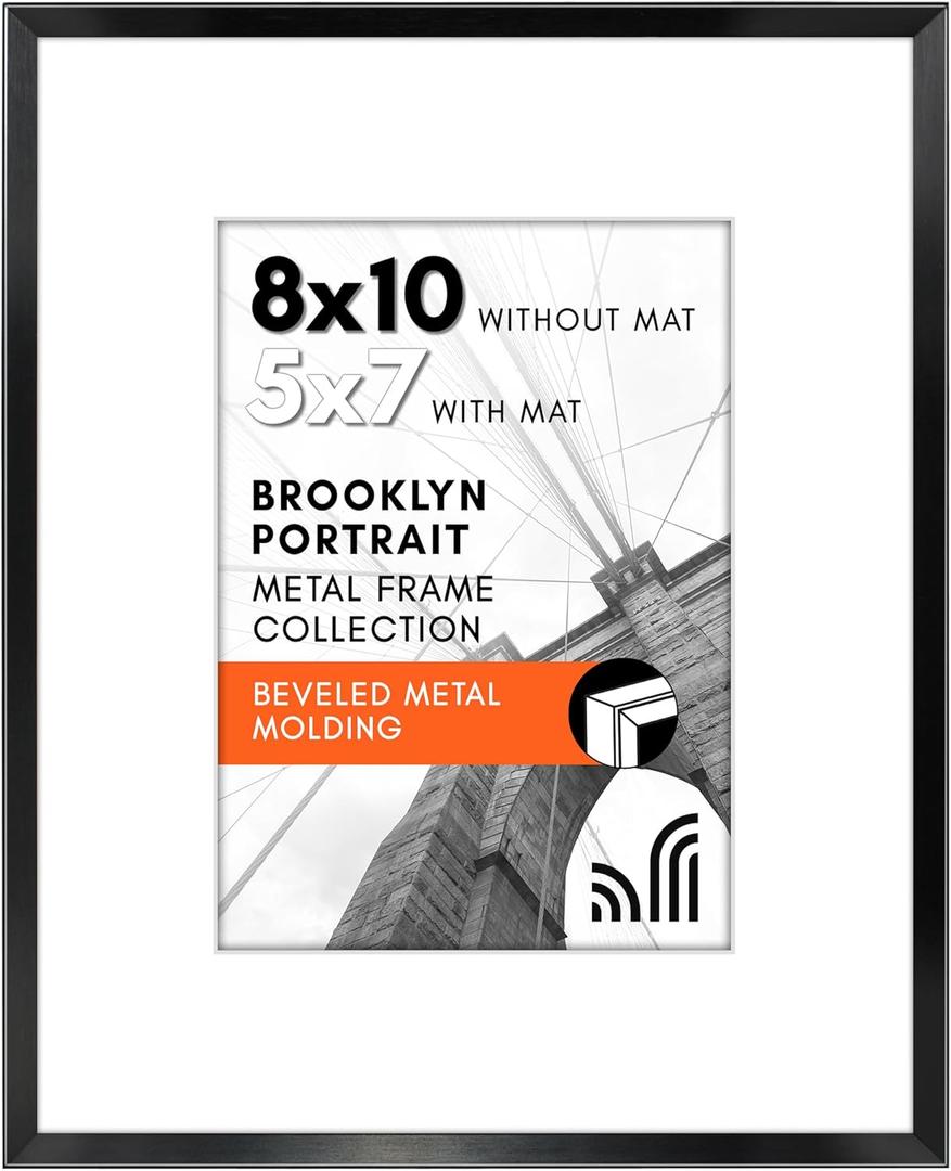 Americanflat 8x10 Metal Picture Frame with Tempered Glass - Use as 5x7 Frame with Mat or Display 8x10 Photo Without Mat - Brooklyn Collection - Picture Frames for Tabletop or Wall - Black