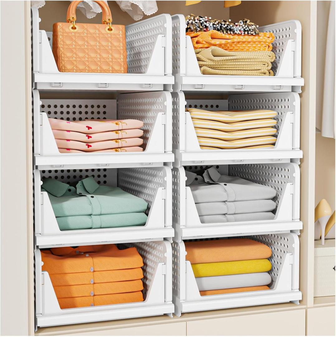 SNSLXH 5 Pack Stackable Closet Storage Basket, Multifunctional & Foldable Closet Organizer for Bathroom Kitchen, Laundry Room, Wardrobe Storage, Space-Saving Clothes Storage Drawer Organizer, White