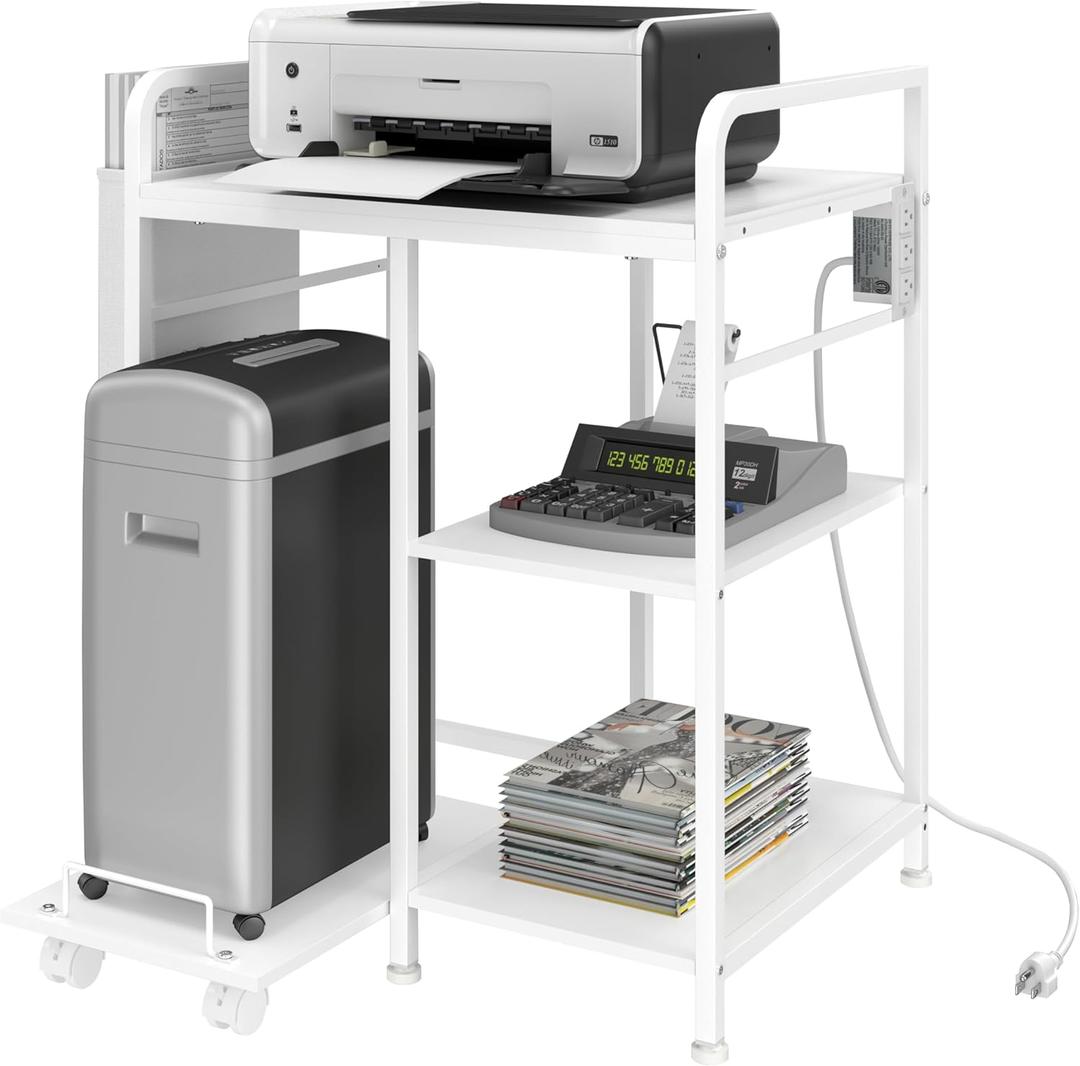 Sedegn Home Printer Stand with Charging Station, 24x18 Inches Stands for Large Printer, Printer Shredder Stand with Storage for Home Office, Table for Fax Machine/PC Tower (White)