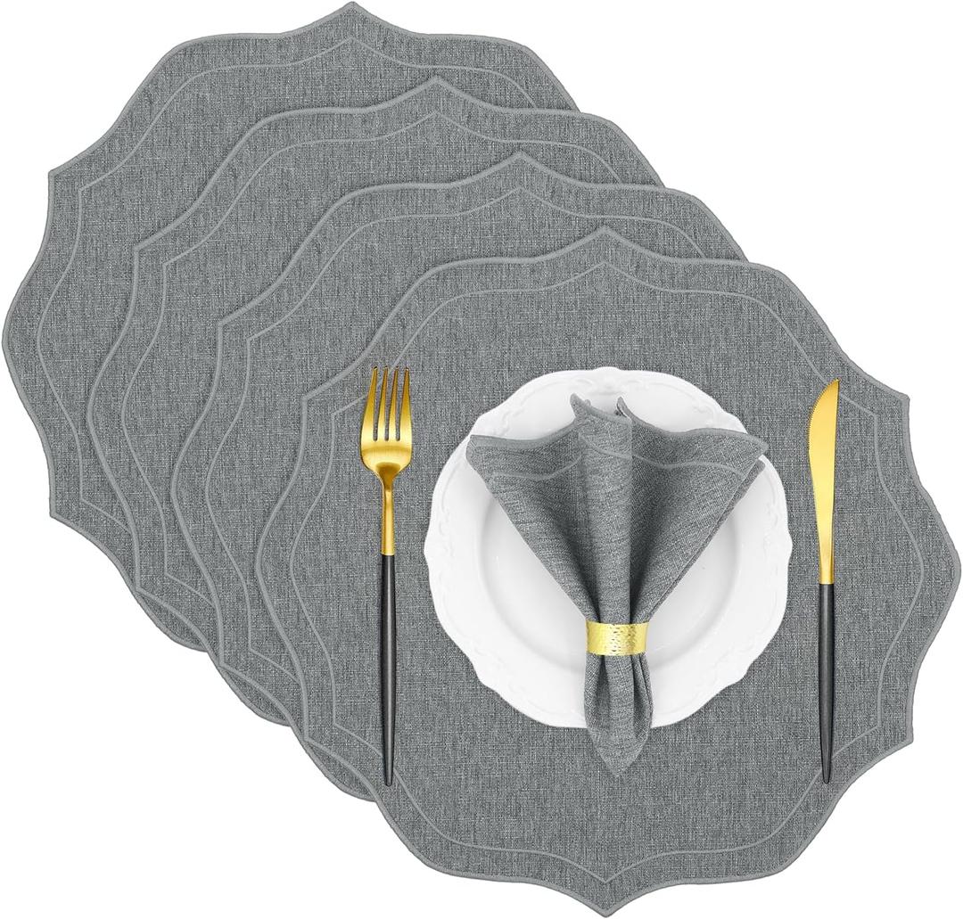 Cotton Linen Round Placemats Set of 4, HADEEONG Table Mats Cloth Placemats, Washable Wrinkle Resistance, Scalloped & Embroidered Fabric Placemats, 15.5 inch (Dark Grey, 4)