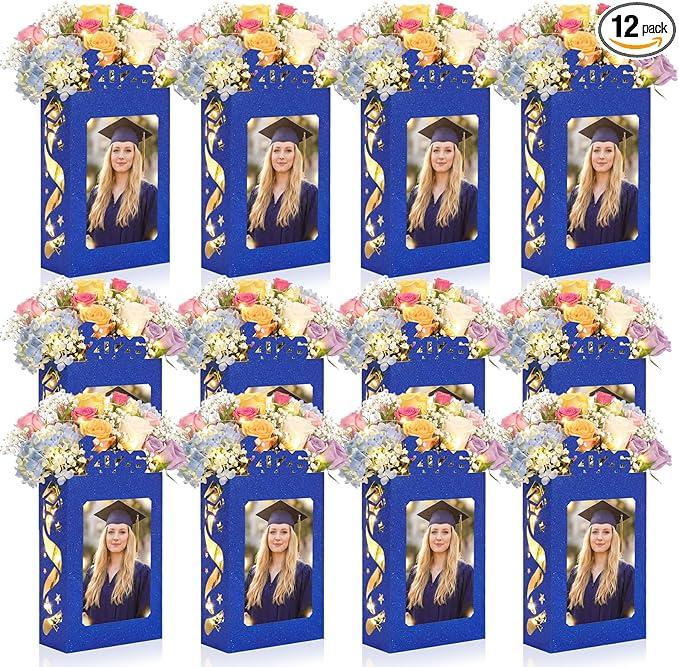 Spiareal 12 Sets Graduation Box Centerpieces for 4" x 6" Photo Class of 2026 Table Decoration Blue Picture Frame Display Boxes with String Lights Congrats Grad Party Favor High School College Gift