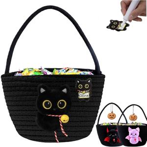Personalized 3D Plush Black Cat Round Storage Basket  Cotton Rope Toy Organizer & Laundry Hamper with Handle, Baby Gifts Basket for Nursery, Baby Shower, Halloween & Christmas Decorative Bin