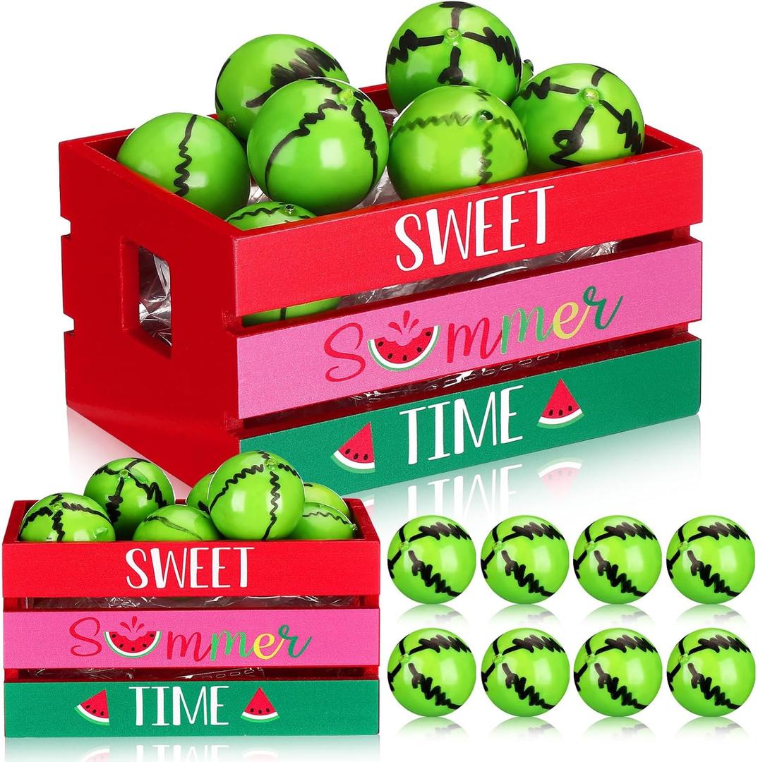 Yulejo Watermelon Mini Crate Summer Tiered Tray Decor with 8 Faux Watermelon Farmhouse Tiered Tray Decor with Faux Fruits Wood Crate for Kitchen Home