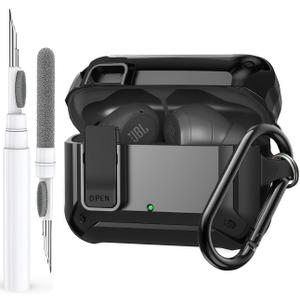 Compatible with JBL Vibe Beam/Beam 2 Case Cover Lock Clip with Cleaner Kit,Cool Protective JBL Vibe 200TWS Cover Men Women with Carabiner for JBL Vibe Beam 2 Charging Case - Black