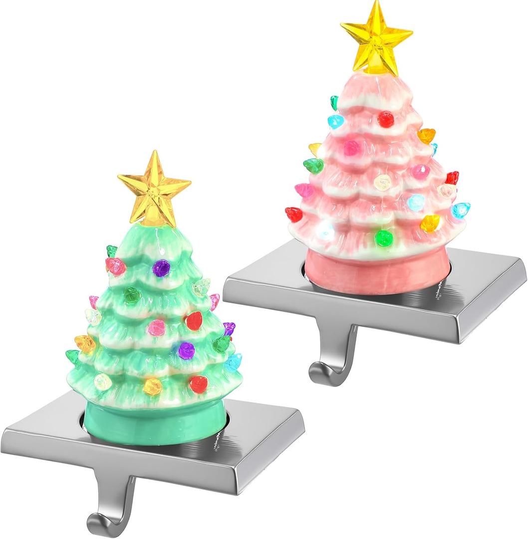 MorningRo 2 Pcs 6.5" Ceramic Christmas Tree Mantel Stocking Holder with LED, 3D Lighted Ceramic Christmas Tree Stocking Holder Hook Xmas Decorations for Fireplace Mantel Table (Pink and Light Green)