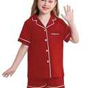 Veseacky Kids Pajamas Sets 100% Cotton ButtonDown Short Sleeve 2 Piece Pajamas Set Boys Girls Pjs (Red, 130)