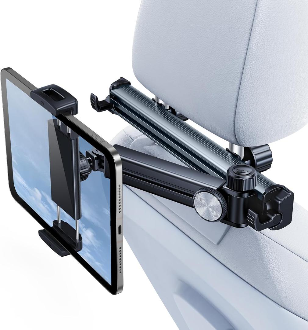 QATSBASF Car Headrest Tablet Holder Mount, [Stretchable Arm] 2025 Adjustable Tablet Car Mount for Back Seat, Road Trip Essentials for Kids, for iPad Pro, Air, Samsung, 4.7-12.9" Device, Gray