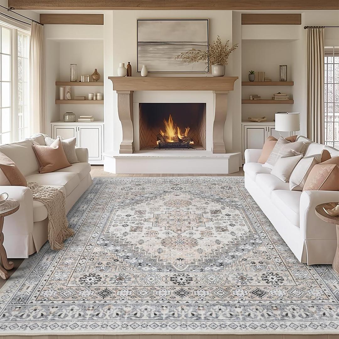 zesthome 8x10 Area Rugs for Living Room,Non-Slip Backing Washable Rugs,Vintage Large Area RugStain Resistant Home Decor Rug (Beige,8'x10') (8' x 10' (Rectangular))